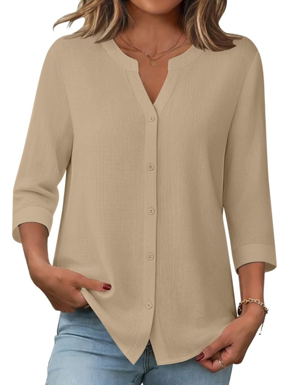 Women's Beige Button Down Sleeve Linen Cotton V Neck Casual Loose Work Blouses